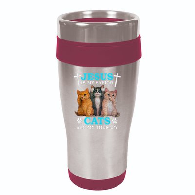 Jesus Is My Savior Cats Are My Therapy Christian Funny Cat 16oz Travel Tumbler