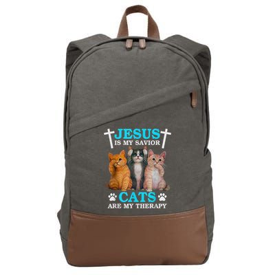 Jesus Is My Savior Cats Are My Therapy Christian Funny Cat Cotton Canvas Backpack