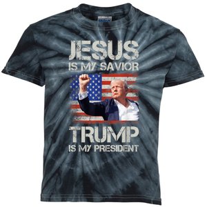 Jesus Is My Savior Trump Is My President American Flag Kids Tie-Dye T-Shirt