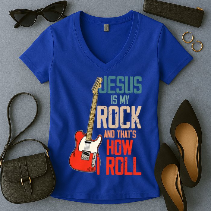 Jesus Is My Rock And That Is How I Roll Christian Women's V-Neck T-Shirt