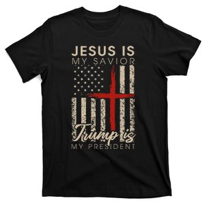 Jesus Is My Savior Trump Is My President 2024 Usa Flag Cross T-Shirt