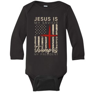 Jesus Is My Savior Trump Is My President 2024 Usa Flag Cross Baby Long Sleeve Bodysuit