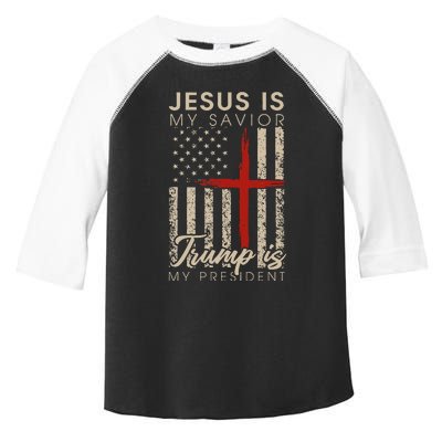 Jesus Is My Savior Trump Is My President 2024 Usa Flag Cross Toddler Fine Jersey T-Shirt