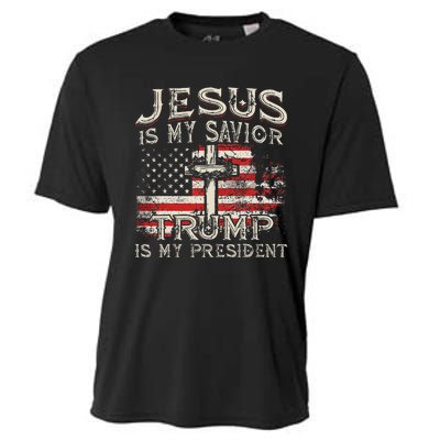 Jesus Is My Savior Trump Is My President Trump 2024 USA Flag Cooling Performance Crew T-Shirt