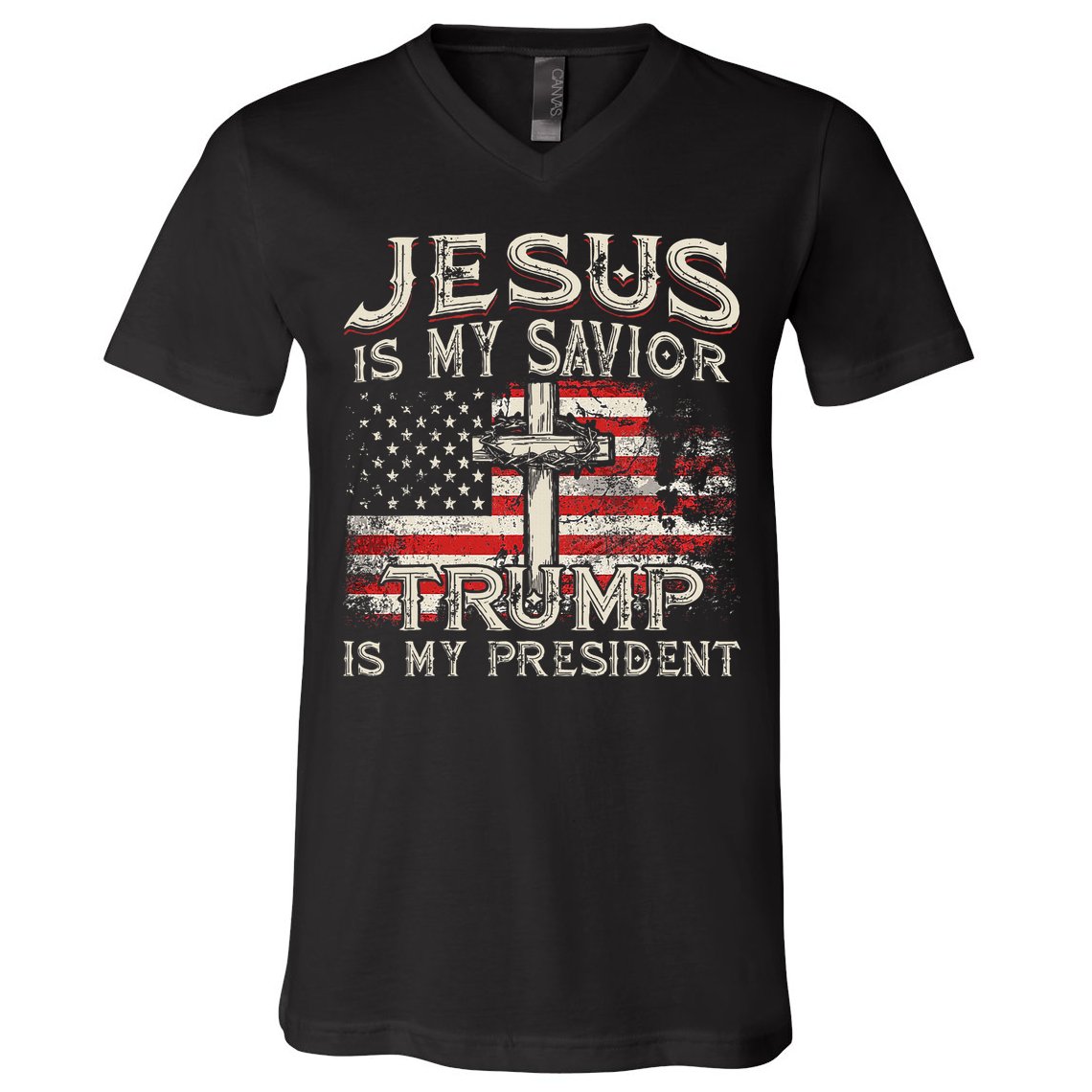 Jesus Is My Savior Trump Is My President Trump 2024 USA Flag V-Neck T-Shirt