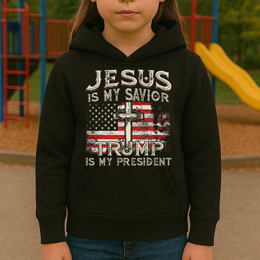 Jesus Is My Savior Trump Is My President Trump 2024 USA Flag Kids Hoodie