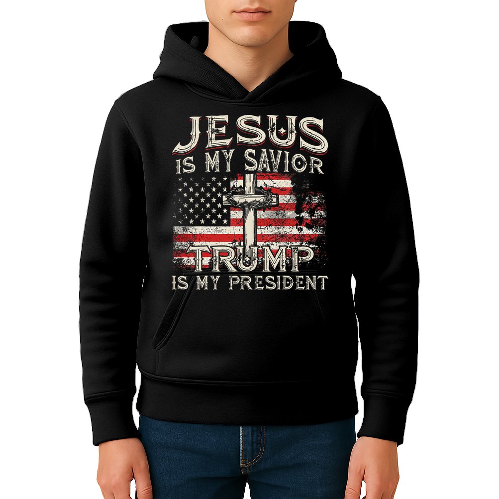 Jesus Is My Savior Trump Is My President Trump 2024 USA Flag Kids Hoodie