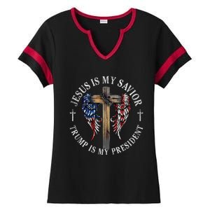 Jesus Is My Savior Trump Is My President 2024 Usa Flag Cross Ladies Halftime Notch Neck Tee