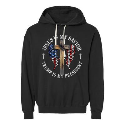 Jesus Is My Savior Trump Is My President 2024 Usa Flag Cross Garment-Dyed Fleece Hoodie