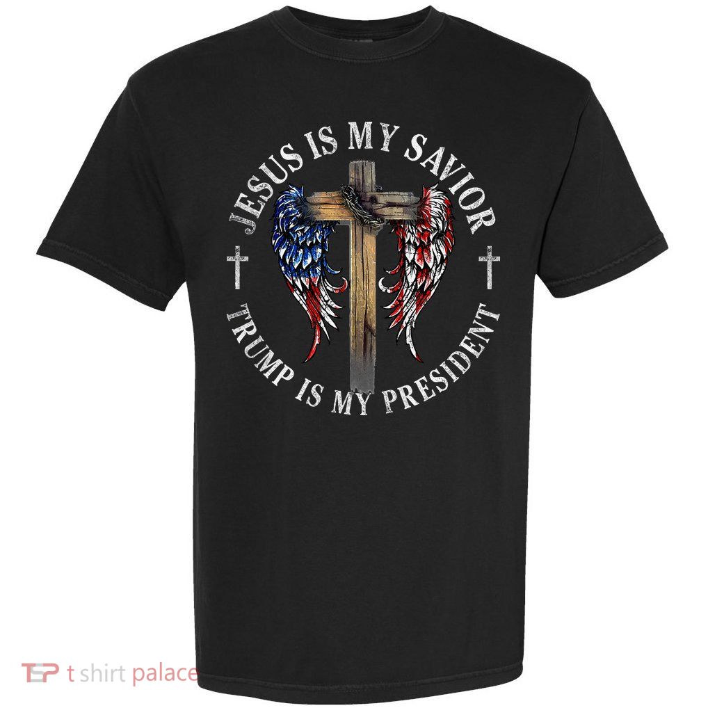 Jesus Is My Savior Trump Is My President 2024 Usa Flag Cross Garment-Dyed Heavyweight T-Shirt