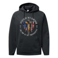 Jesus Is My Savior Trump Is My President 2024 Usa Flag Cross Performance Fleece Hoodie