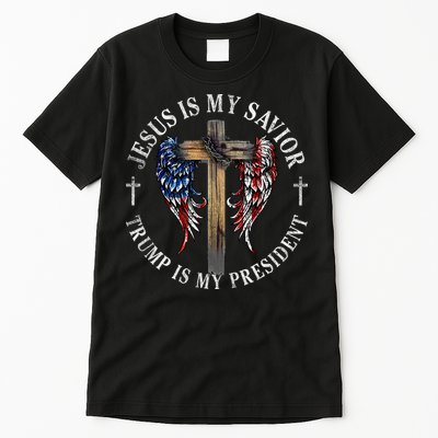 Jesus Is My Savior Trump Is My President 2024 Usa Flag Cross Tall T-Shirt