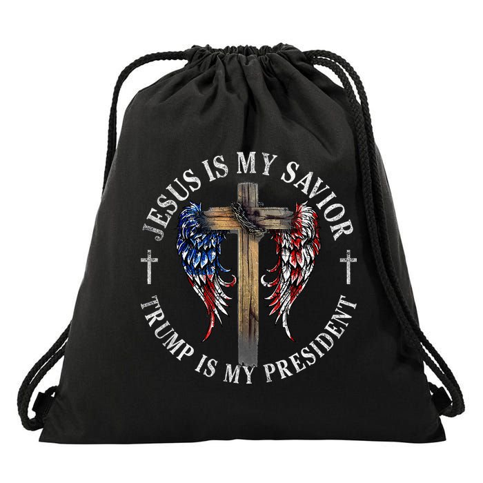 Jesus Is My Savior Trump Is My President 2024 Usa Flag Cross Drawstring Bag