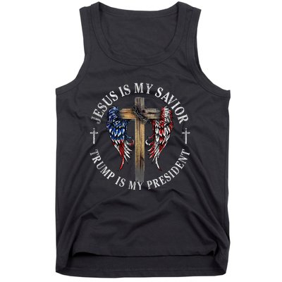 Jesus Is My Savior Trump Is My President 2024 Usa Flag Cross Tank Top