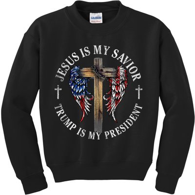 Jesus Is My Savior Trump Is My President 2024 Usa Flag Cross Kids Sweatshirt