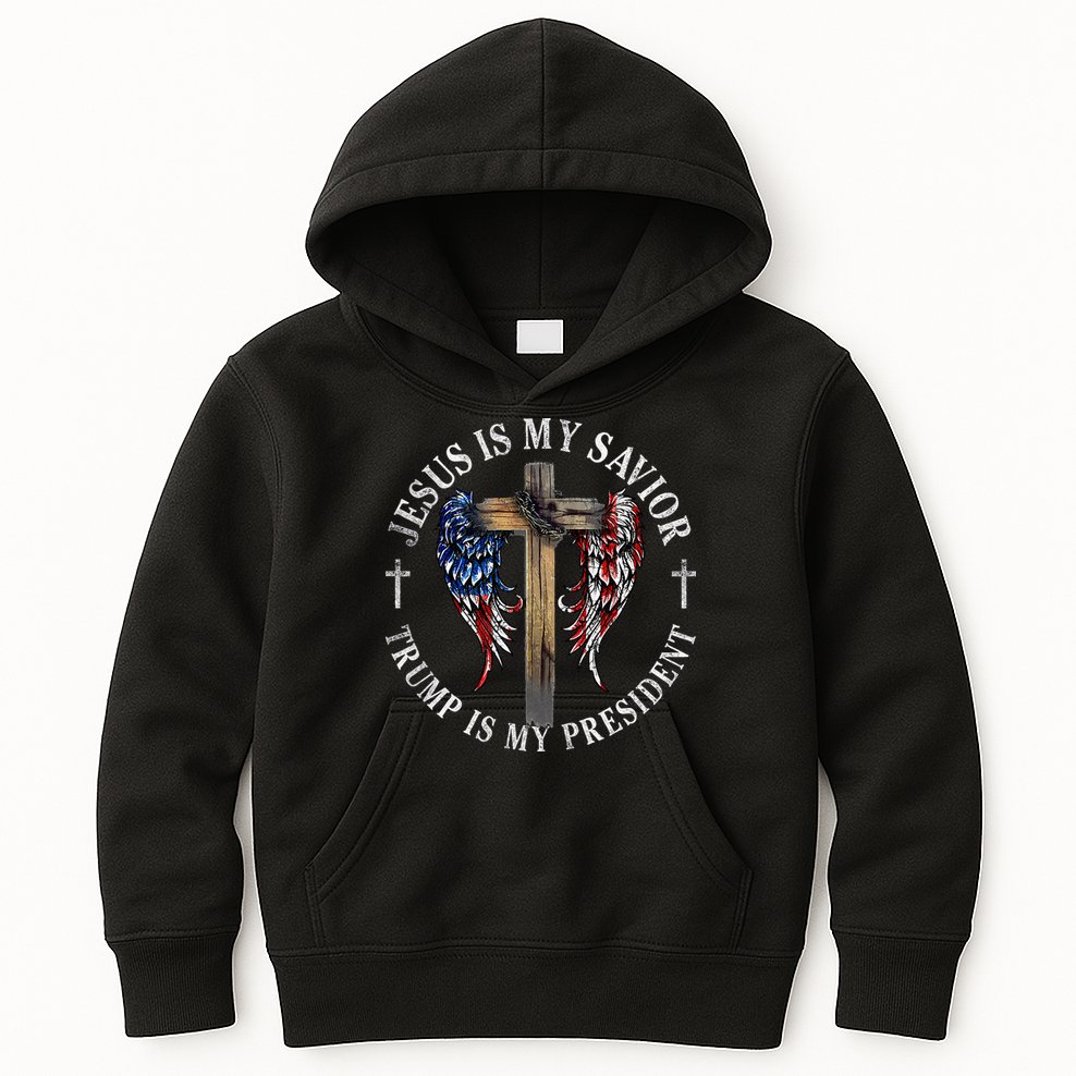 Jesus Is My Savior Trump Is My President 2024 Usa Flag Cross Kids Hoodie