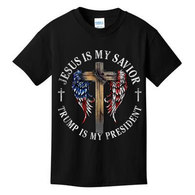 Jesus Is My Savior Trump Is My President 2024 Usa Flag Cross Kids T-Shirt