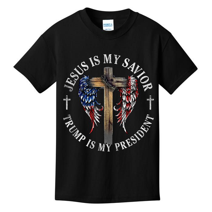 Jesus Is My Savior Trump Is My President 2024 Usa Flag Cross Kids T-Shirt