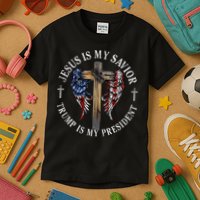 Jesus Is My Savior Trump Is My President 2024 Usa Flag Cross Kids T-Shirt