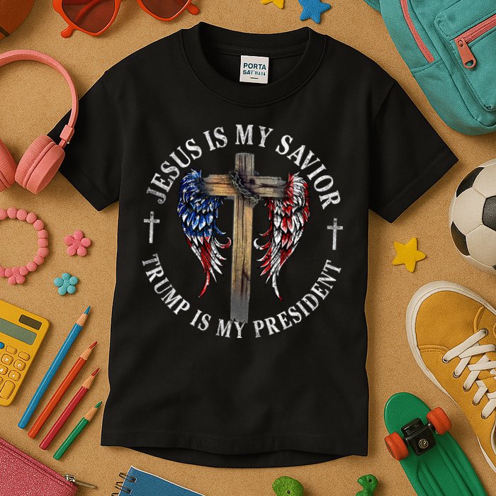 Jesus Is My Savior Trump Is My President 2024 Usa Flag Cross Kids T-Shirt