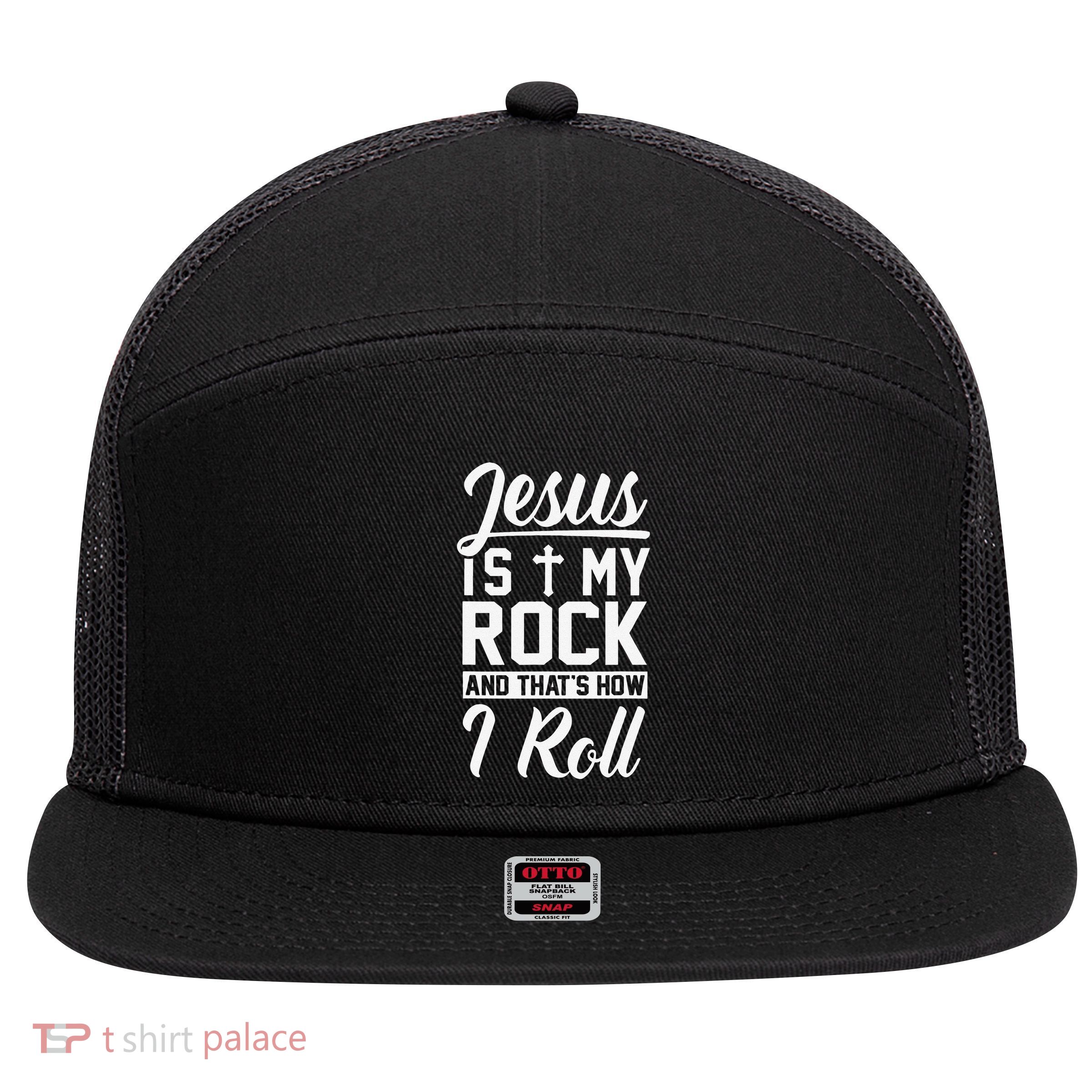 Jesus Is My Rock And Thats How I Roll Christian 7 Panel Mesh Trucker Snapback Hat