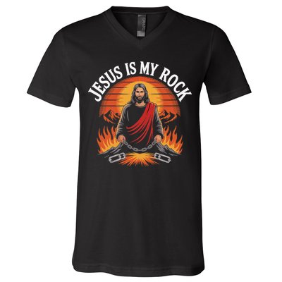 Jesus Is My Rock Biblical Faith V-Neck T-Shirt
