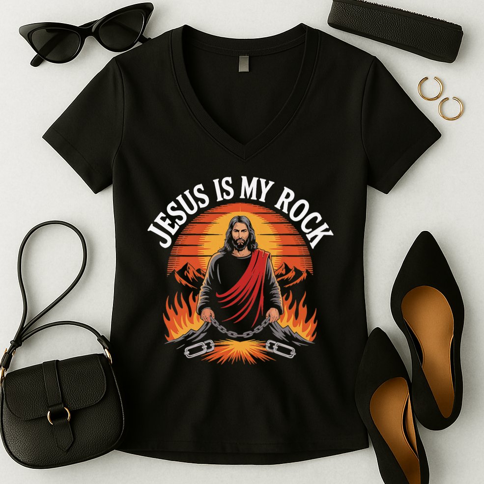 Jesus Is My Rock Biblical Faith Women's V-Neck T-Shirt