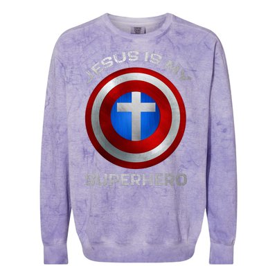 Jesus Is My Superhero Faith Shield Colorblast Crewneck Sweatshirt