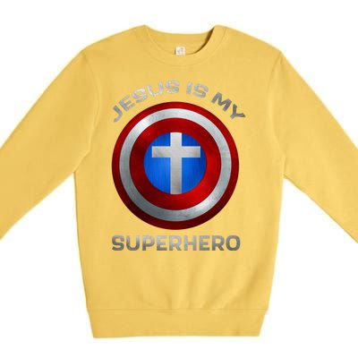 Jesus Is My Superhero Faith Shield Premium Crewneck Sweatshirt