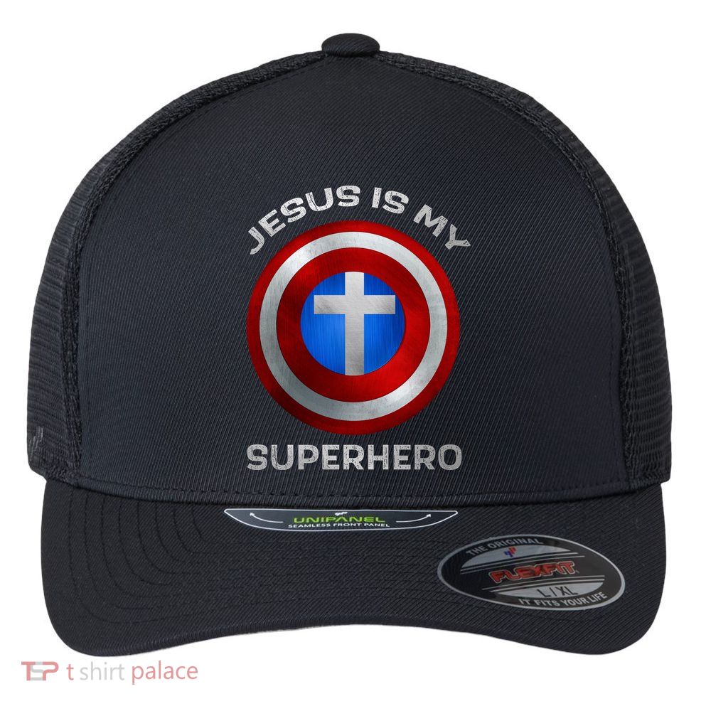 Jesus Is My Superhero Faith Shield Flexfit Unipanel Trucker Cap