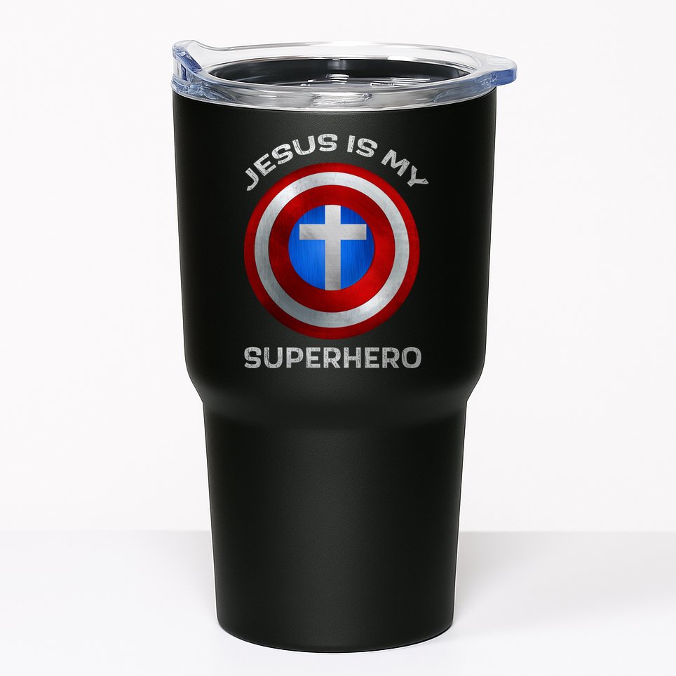 Jesus Is My Superhero Faith Shield Tumbler