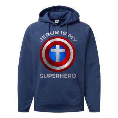 Jesus Is My Superhero Faith Shield Performance Fleece Hoodie