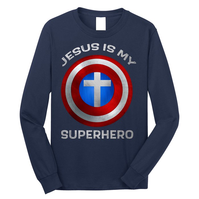 Jesus Is My Superhero Faith Shield Long Sleeve Shirt