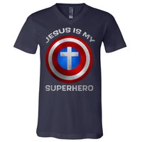 Jesus Is My Superhero Faith Shield V-Neck T-Shirt