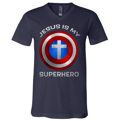 Jesus Is My Superhero Faith Shield V-Neck T-Shirt