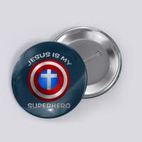 Jesus Is My Superhero Faith Shield Button