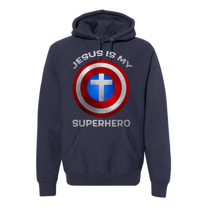 Jesus Is My Superhero Faith Shield Premium Hoodie