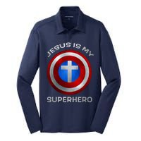 Jesus Is My Superhero Faith Shield Silk Touch Performance Long Sleeve Polo