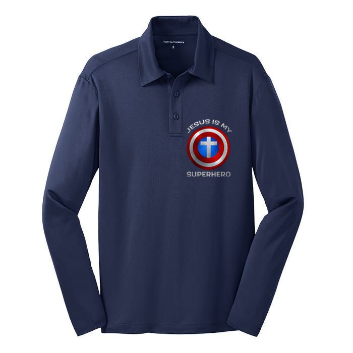 Jesus Is My Superhero Faith Shield Silk Touch Performance Long Sleeve Polo