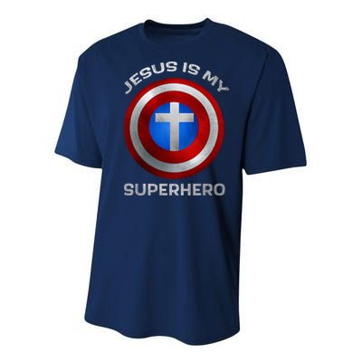 Jesus Is My Superhero Faith Shield Youth Performance Sprint T-Shirt