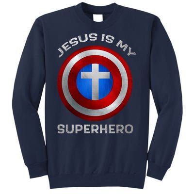 Jesus Is My Superhero Faith Shield Tall Sweatshirt