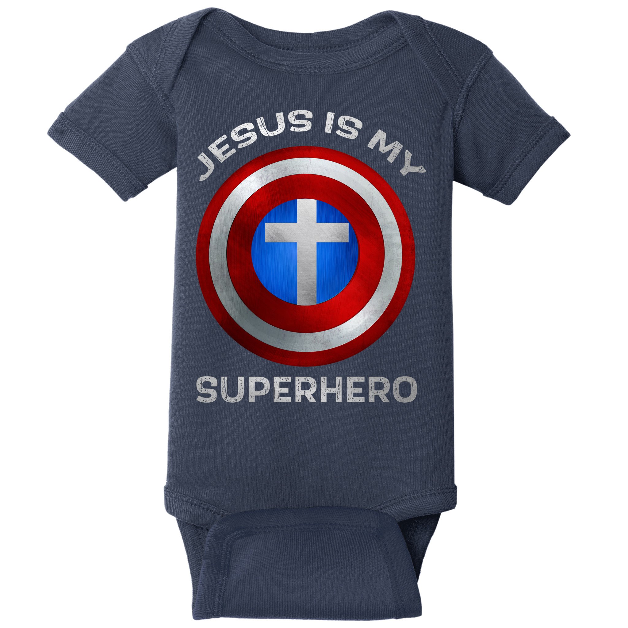 Jesus Is My Superhero Faith Shield Baby Bodysuit