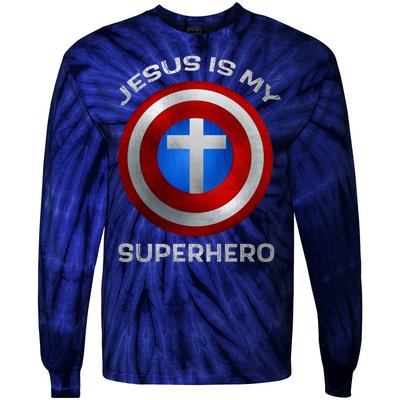 Jesus Is My Superhero Faith Shield Tie-Dye Long Sleeve Shirt