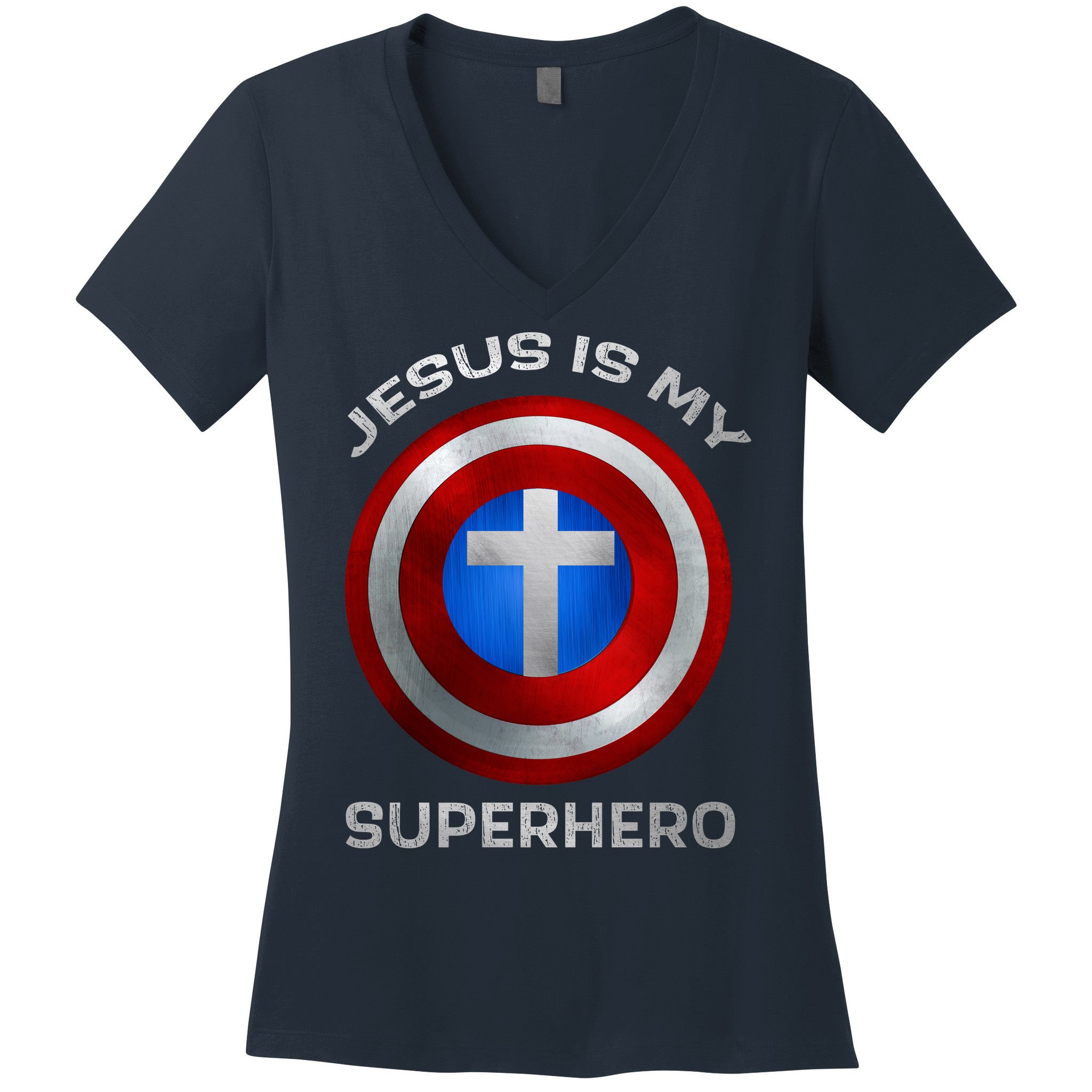 Jesus Is My Superhero Faith Shield Women's V-Neck T-Shirt