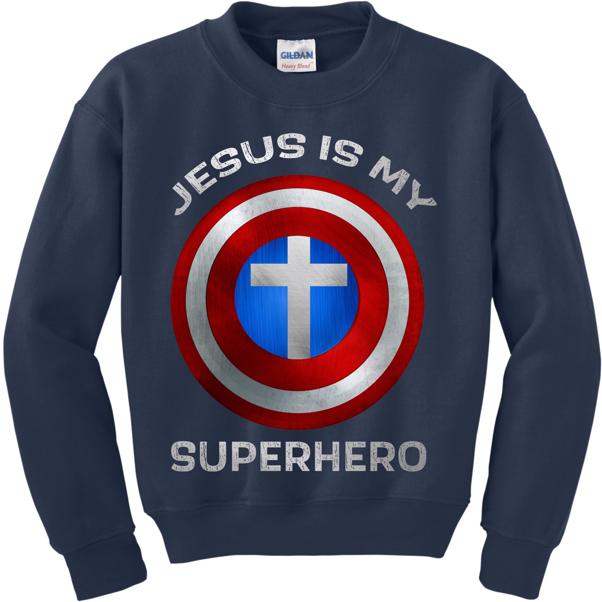 Jesus Is My Superhero Faith Shield Kids Sweatshirt
