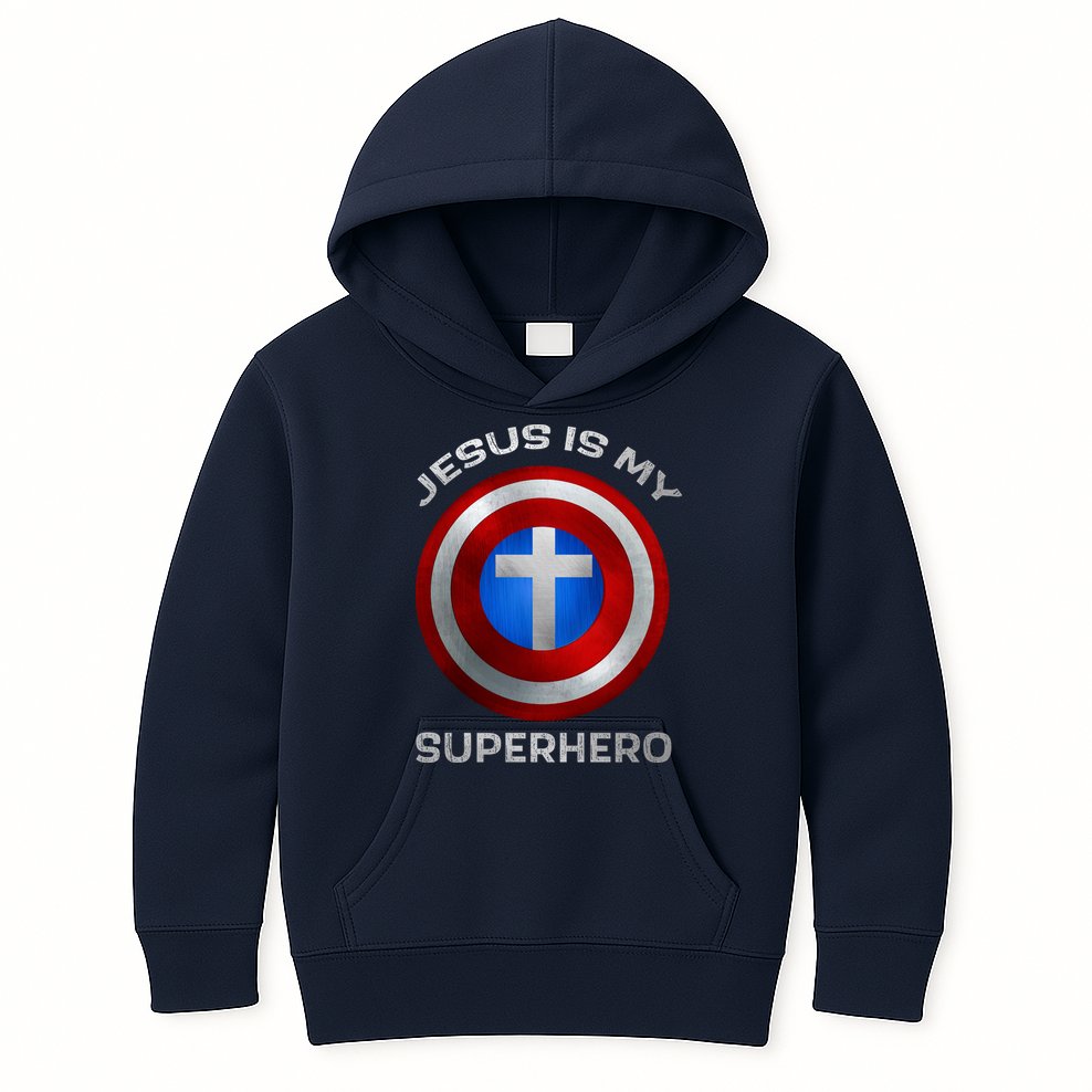 Jesus Is My Superhero Faith Shield Kids Hoodie