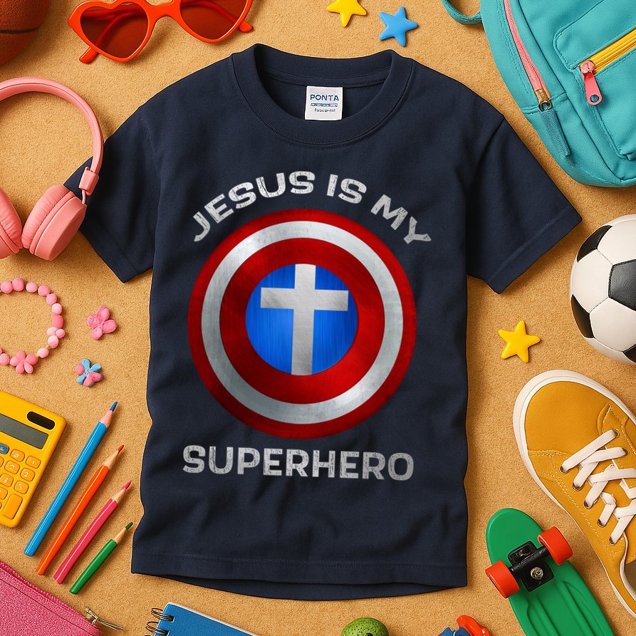 Jesus Is My Superhero Faith Shield Kids T-Shirt