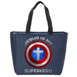 Jesus Is My Superhero Faith Shield Zip Tote Bag