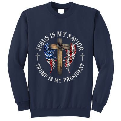 Jesus Is My Savior Trump Is My President 2024 Usa Flag Cross Sweatshirt
