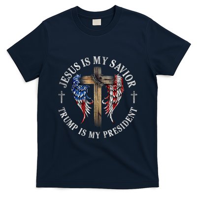 Jesus Is My Savior Trump Is My President 2024 Usa Flag Cross T-Shirt
